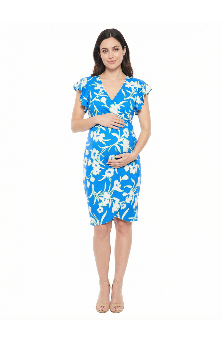 24seven Comfort Apparel Maternity Floral Flutter Sleeve Faux Wrap Knee Length Dress, Main, color, Blue Multi