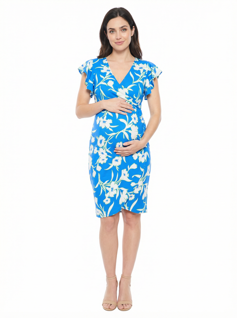 Maternity Floral Flutter Sleeve Faux Wrap Knee Length Dress
