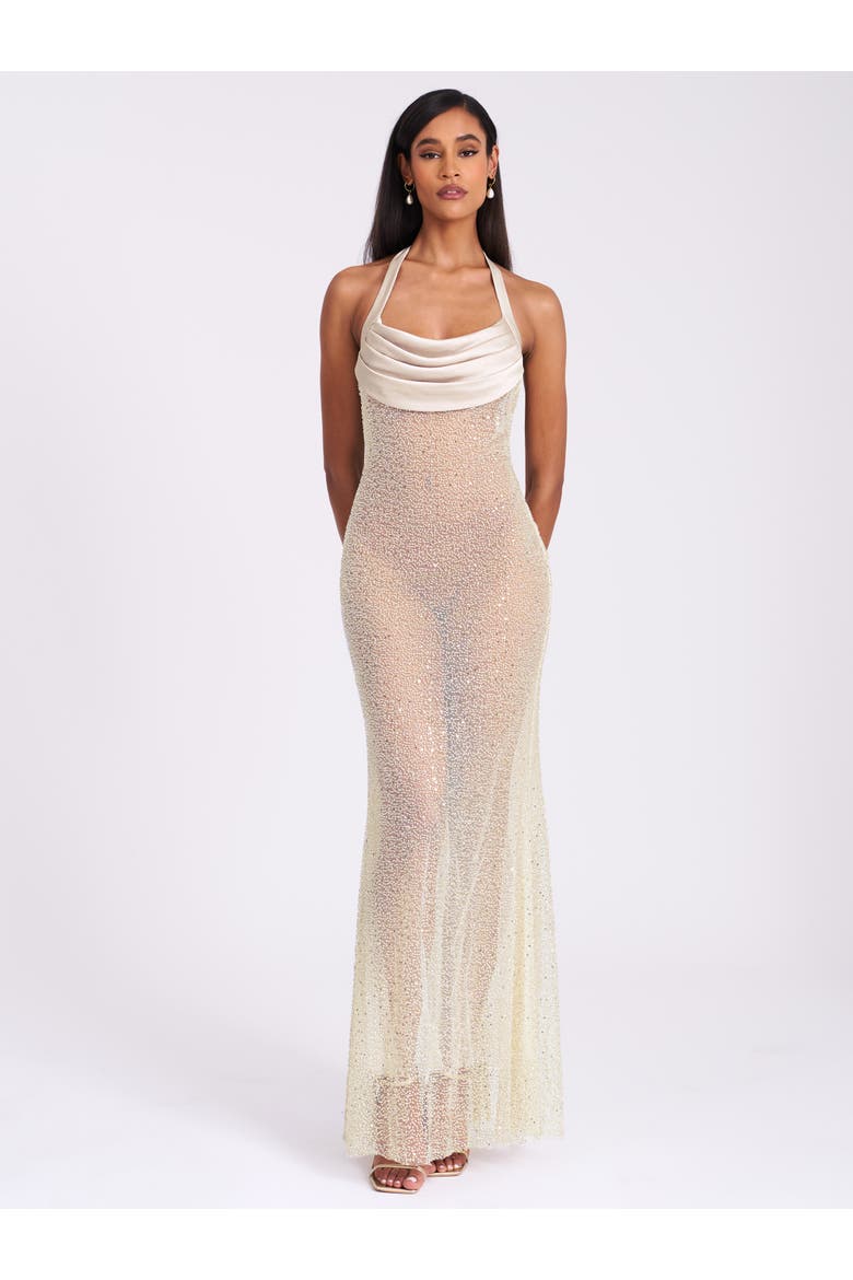 Zahya Halter Backless Beaded Mesh Gown, Alternate, color, Lime Green