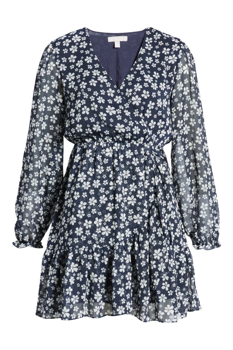 Floral Long Sleeve Chiffon Dress, Alternate, color, NAVY- WHITE DAISY