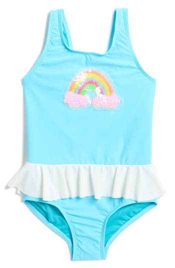 Beach Lingo Kids' Sequin Rainbow Skirt One-piece Swimsuit In Retro Blue