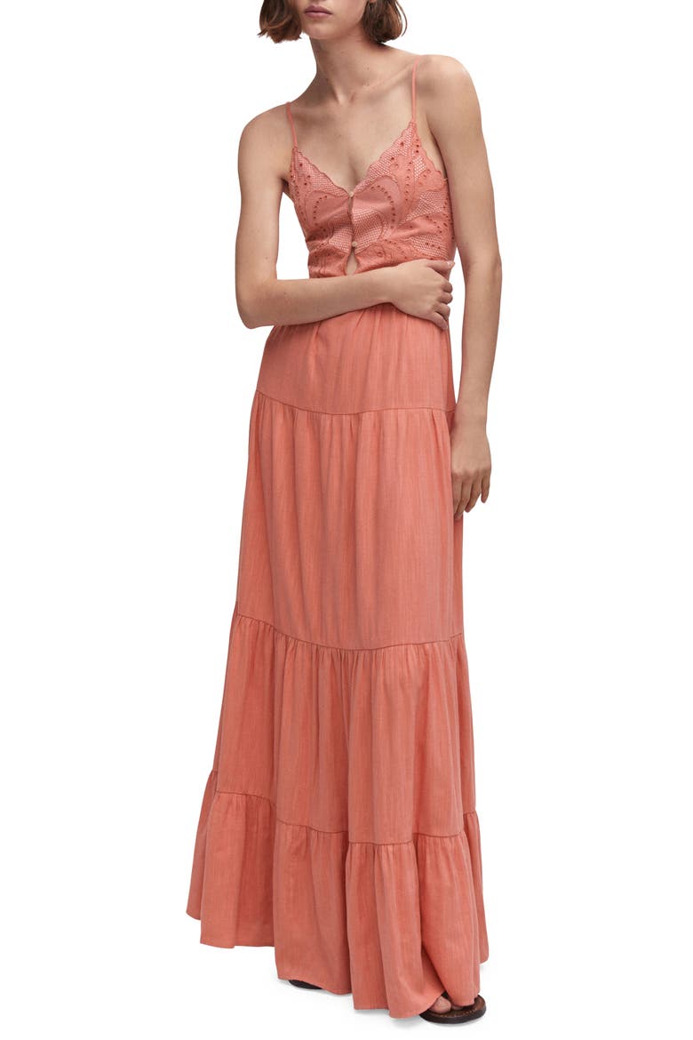 Embroidered Maxi Dress, Main, color, CORAL RED