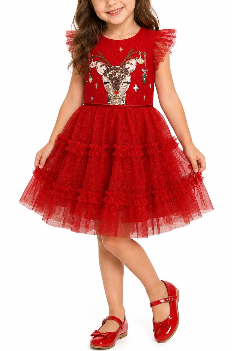 Kids' Reindeer Sequined Tiered Glitter Mesh Dress, Alternate, color, RED