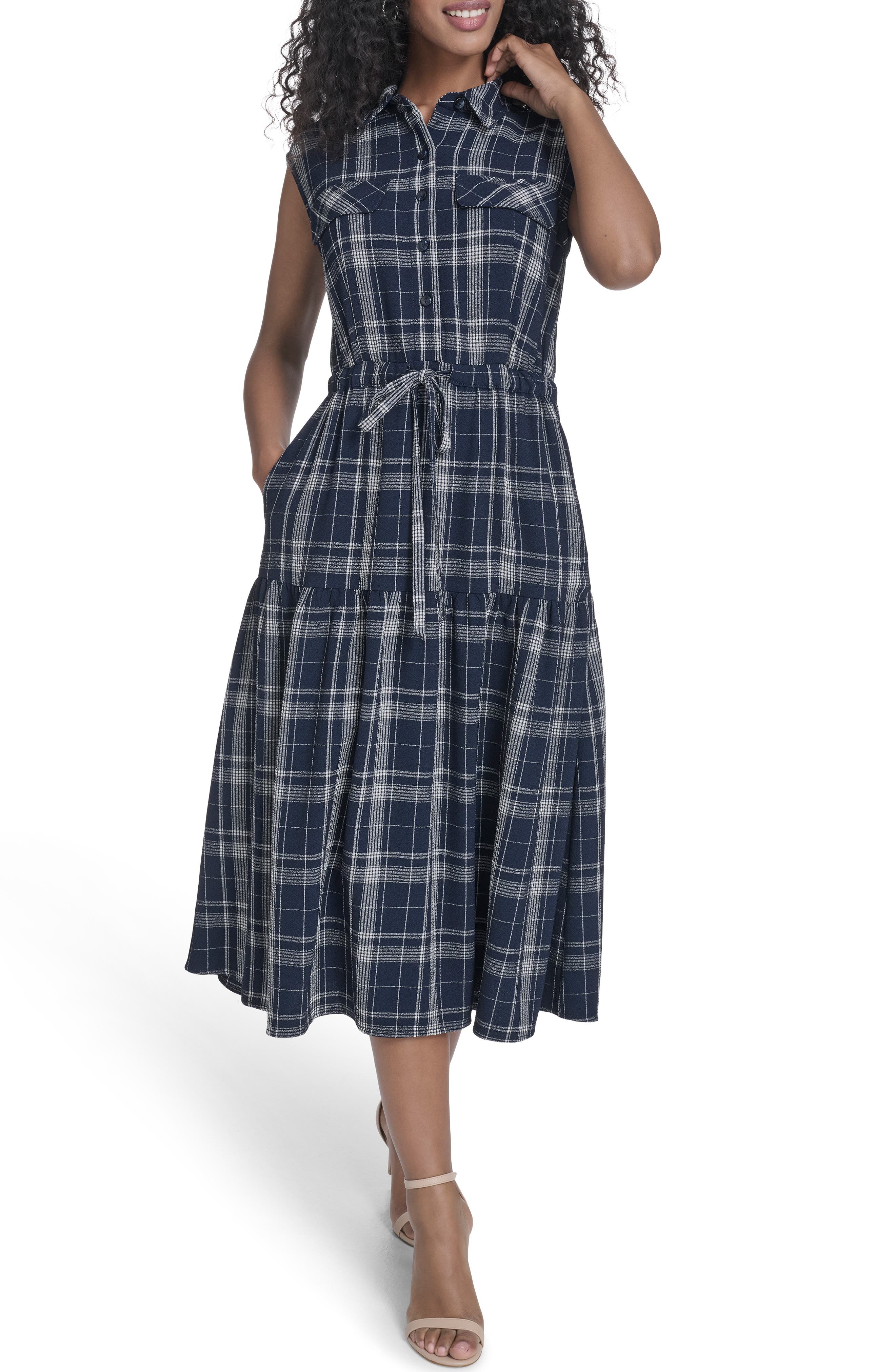 Calvin Klein Plaid Sleeveless Tiered Midi Dress