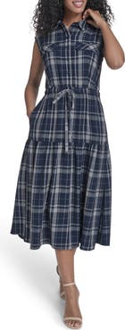 Calvin Klein Plaid Sleeveless Tiered Midi Dress