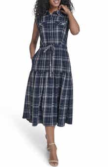 Calvin Klein Plaid Sleeveless Tiered Midi Dress