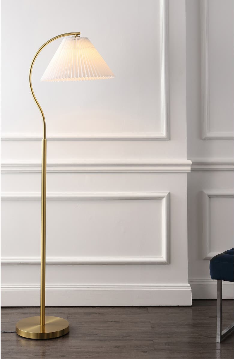 JONATHAN Y Devon Modern Glam Metal Arc LED Floor Lamp with Pleated Shade, Alternate, color, Brass Gold