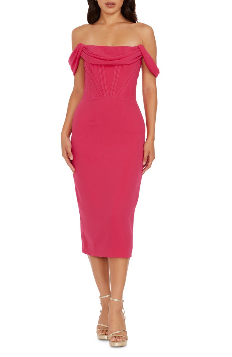Dress the Population Vickie Off the Shoulder Midi Corset Dress, Main, color, Begonia