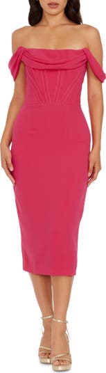 open lace back dress Miss Circle Xavy Crimson Off-Shoulder Corset Midi Dress XXS