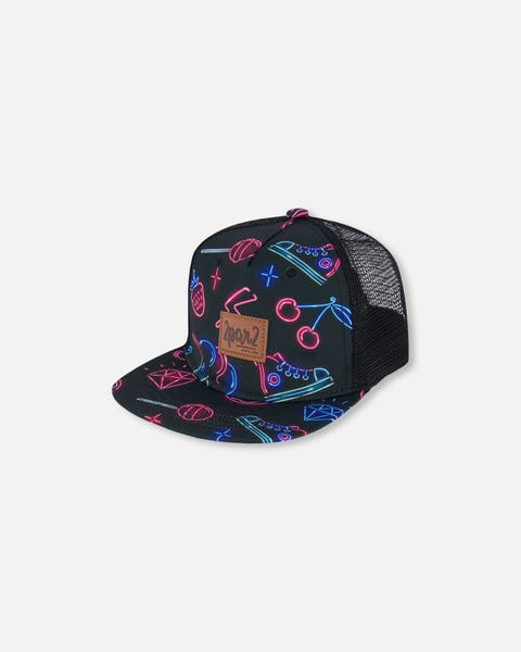 Girl's Printed Cap Black And Blue And Pink Items