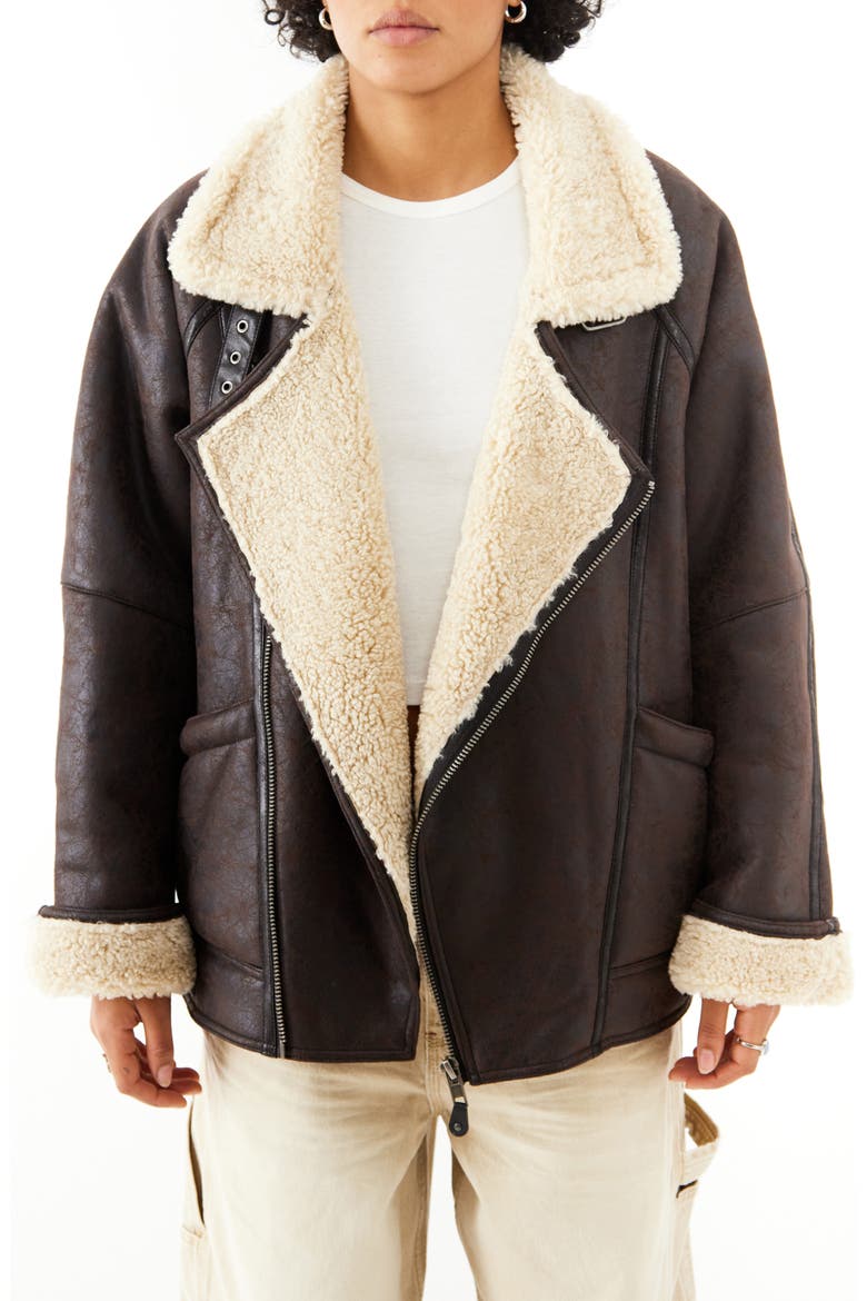 Ella Faux Shearling Lined Faux Leather Aviator Jacket, Main, color, CHOC