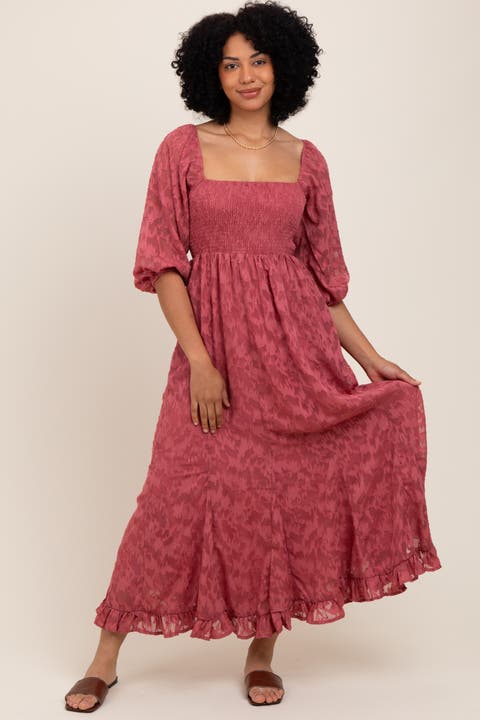 Textured Overlay Smocked Ruffled Hem Maxi Dress