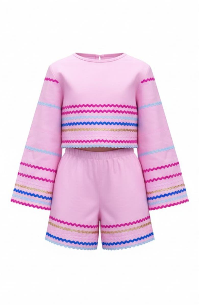 Mia Belle Girls Sunset Waves Cotton Bell Sleeve Top and Short Set, Main, color, Pink