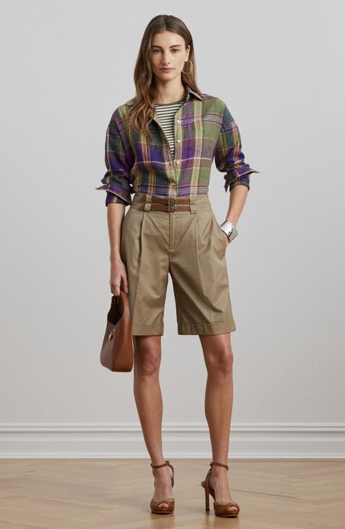 Shop Ralph Lauren Lauren  Plaid Relaxed Fit Linen Button-up Shirt In Purple/green Multi