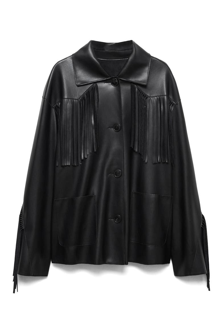 Fringe Trim Faux Leather Jacket, Alternate, color, BLACK