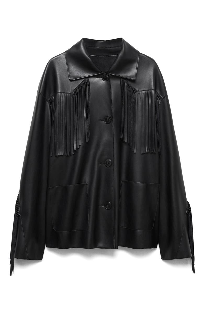 MANGO Fringe Trim Faux Leather Jacket, Alternate, color, Black