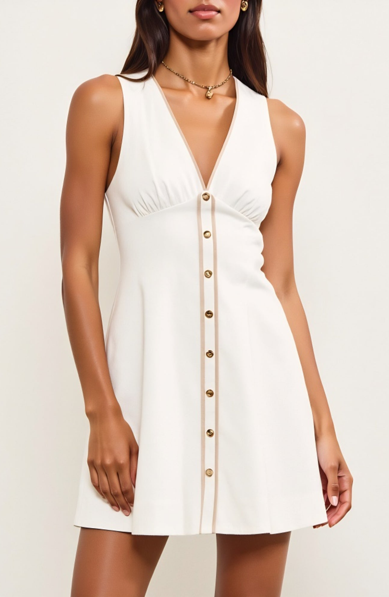 Modenaire V-Neck Sleeveless Button Front Mini Dress with Contrast Trim, Alternate, color, White