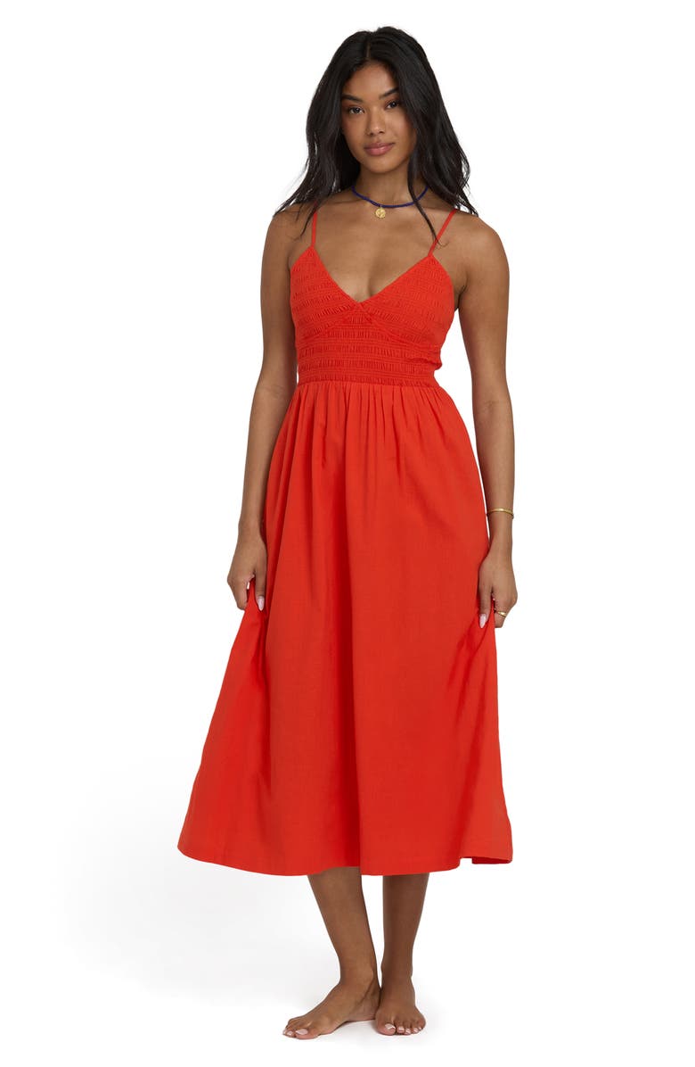 Billabong Such a Trip Smocked Bodice Cotton Midi Dress, Alternate, color, Red Aloha