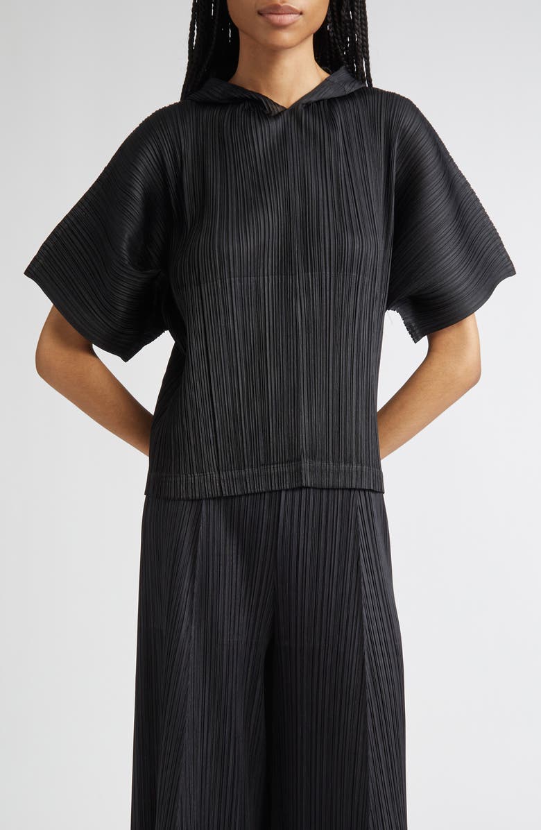 Pleats Please Issey Miyake Monthly Colors August Pleated Short Sleeve Hoodie, Main, color, Black