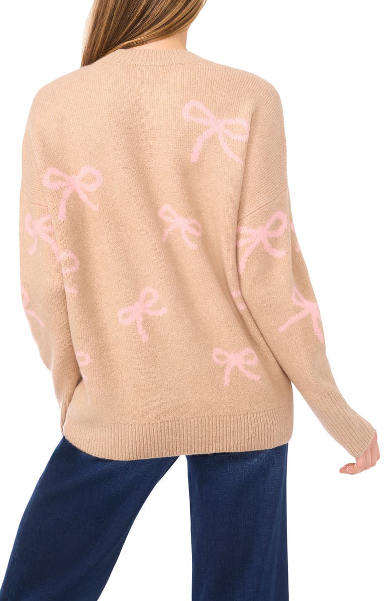 CeCe Bow Jacquard Crewneck Sweater, Alternate, color, Coastal Beige