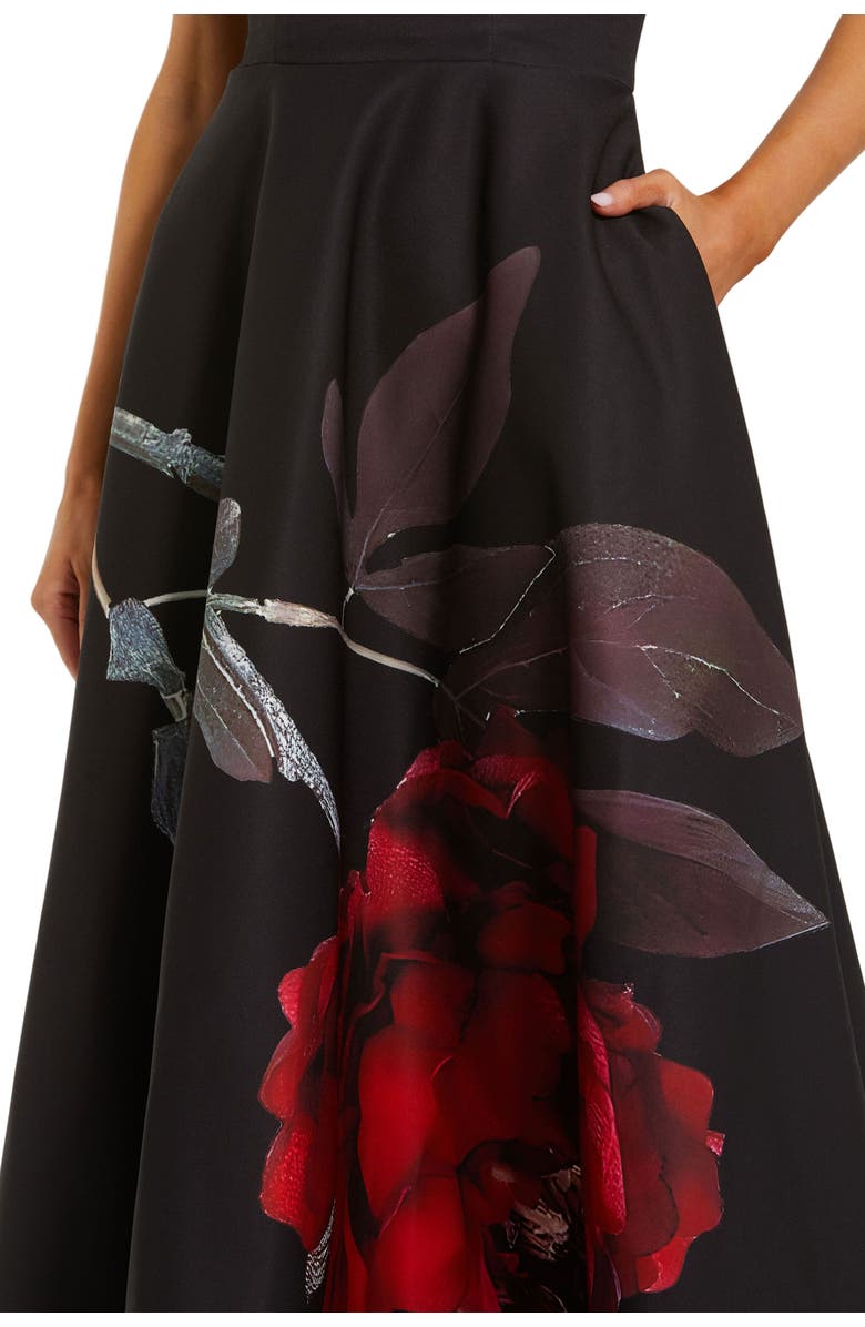 Mac Duggal Crepe Printed Strapless Midi Dress With Pockets, Alternate, color, Black Rose