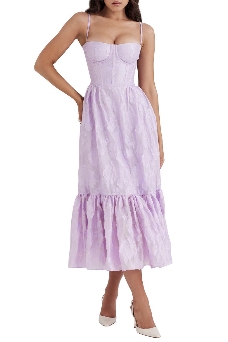Mira Organza Corset Midi Dress, Main, color, PASTEL LILAC