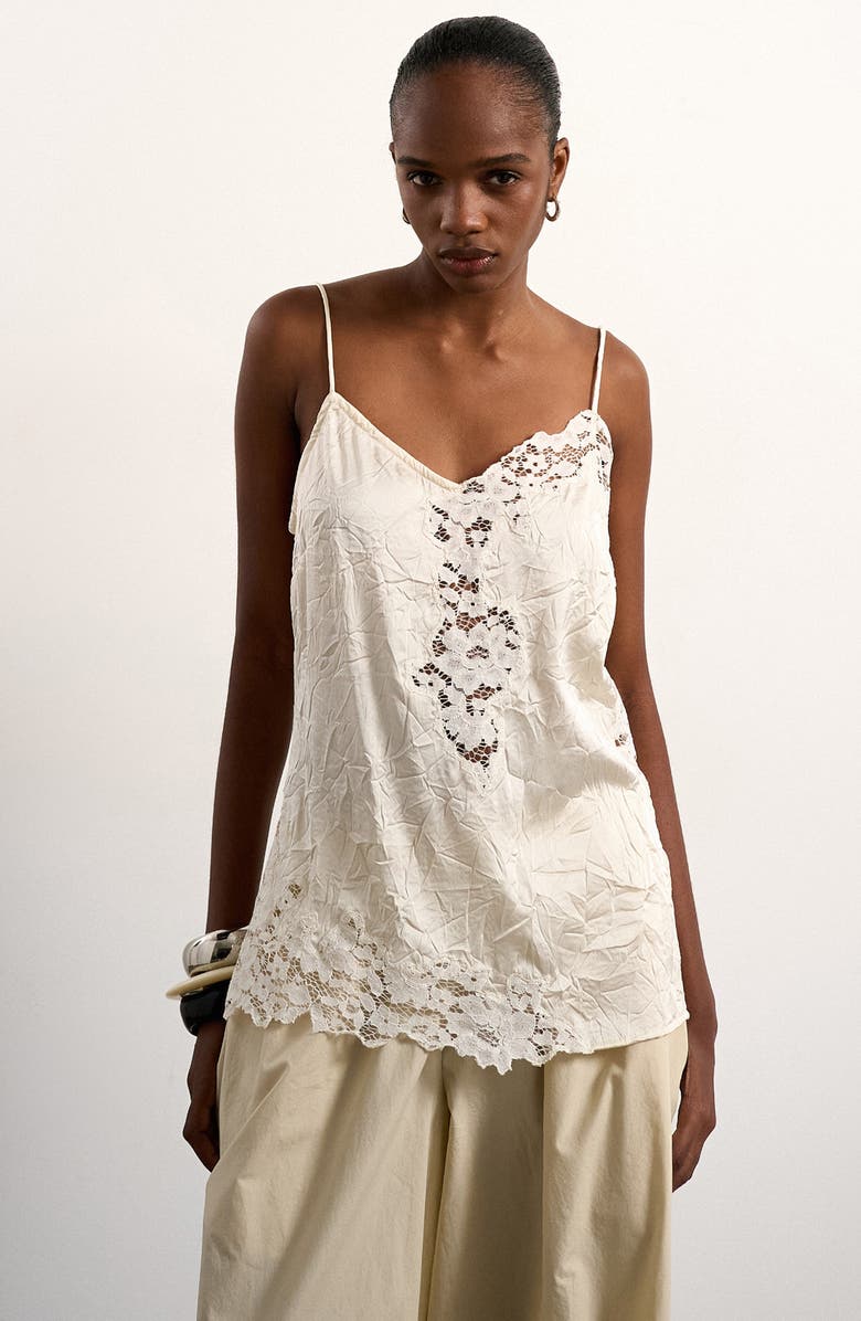 Topshop Crinkle Satin & Lace Camisole, Main, color, Ivory