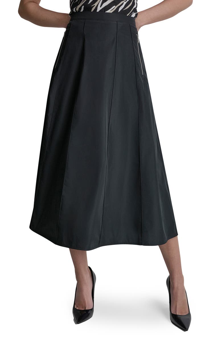 DKNY Taffeta Seamed Zip Pocket Midi Skirt, Main, color, Black