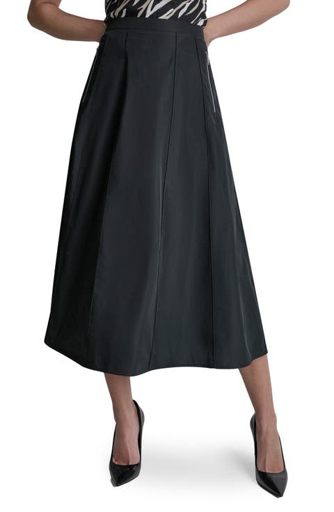 Taffeta Seamed Zip Pocket Midi Skirt