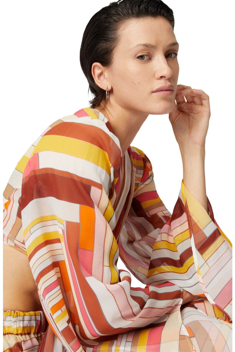Printed Silk Crop Top With Wide Sleeves And Front Knot, Alternate, color, Multicoloured