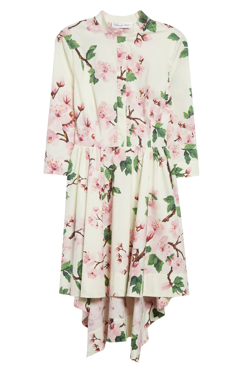 Oscar de la Renta Cherry Blossom Asymmetric Hem Stretch Poplin Shirtdress, Alternate, color, Ecru/ Pink