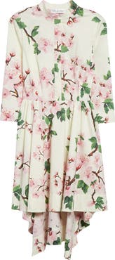 Oscar de la Renta Cherry Blossom Asymmetric Hem Stretch Poplin Shirtdress