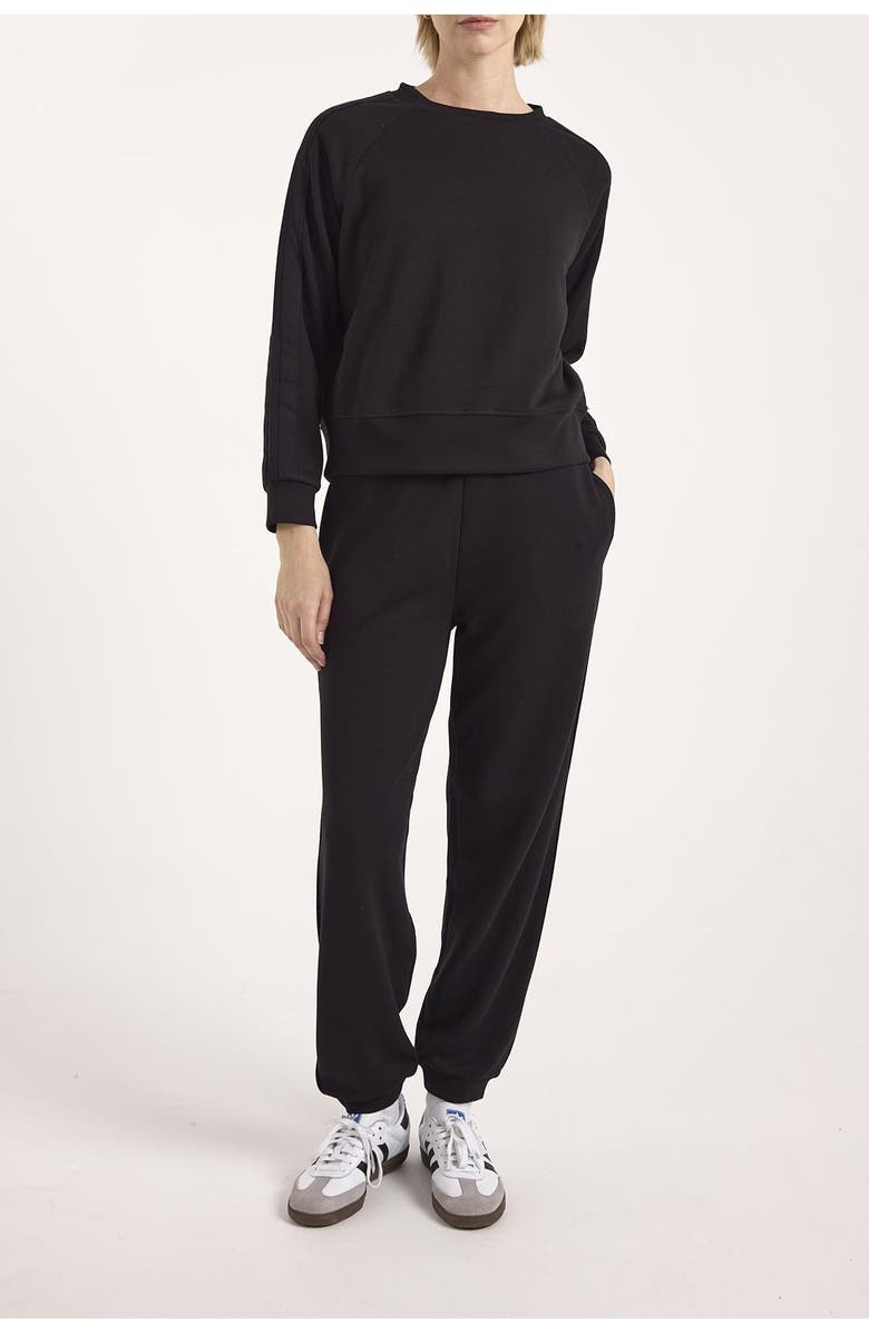 Brodie Pure Cashmere Stripe Sleeve Crew Neck Sweatshirt, Alternate, color, Black