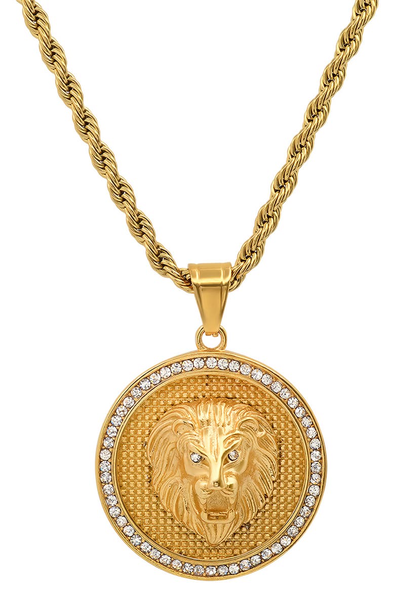 HMY JEWELRY 18k Gold Plated Stainless Steel Round Lion Simulated Diamond Necklace, Main, color,