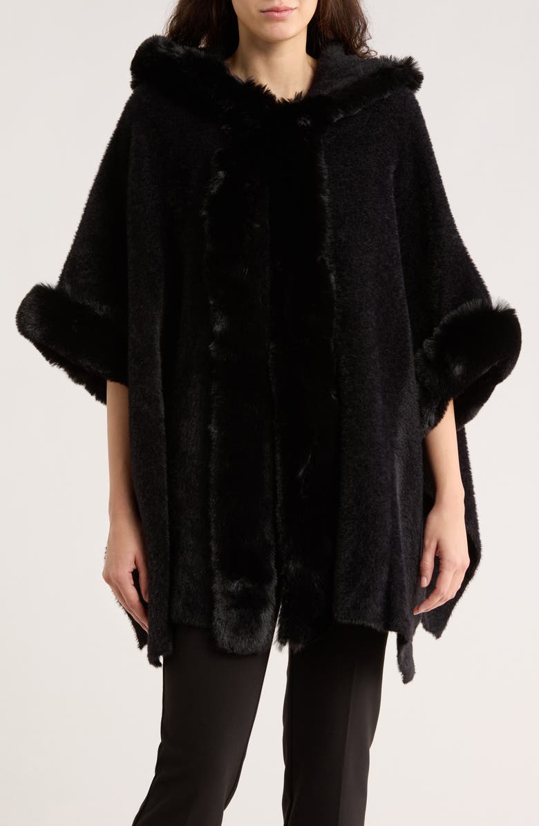 La Fiorentina Faux Fur Trim Cape, Main, color, Black