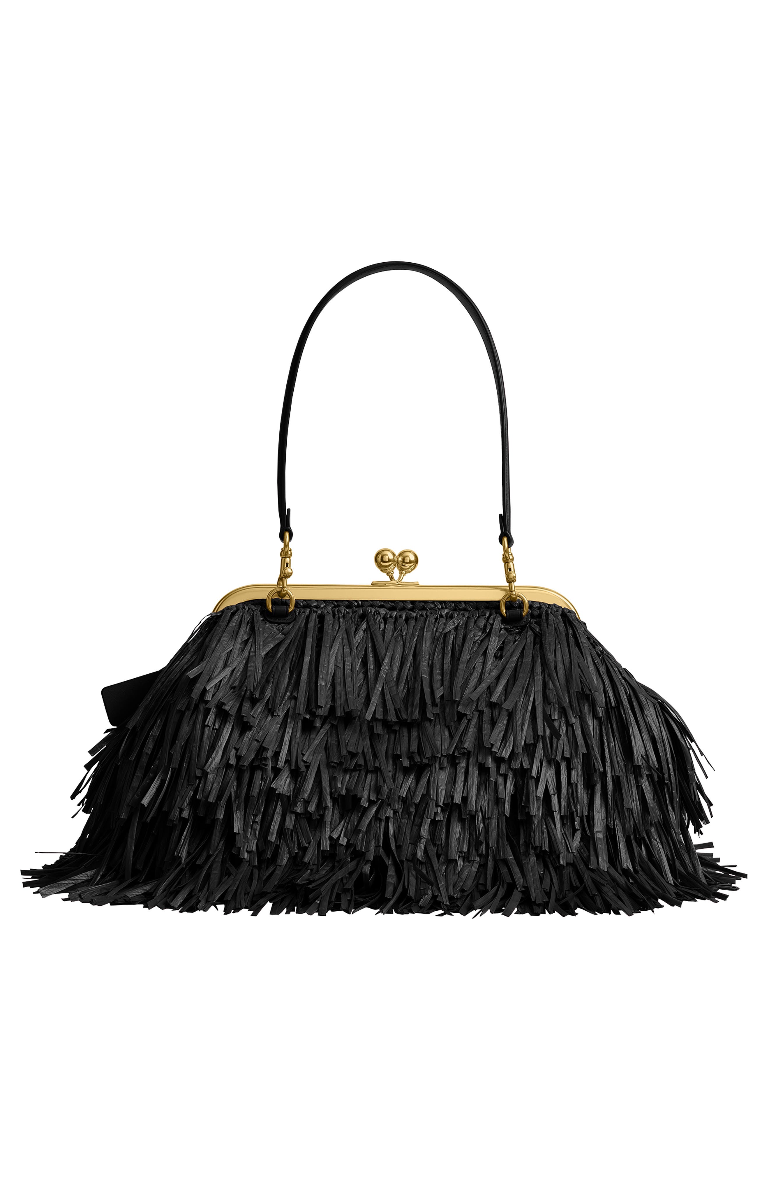 COACH Kisslock Fringe Straw Frame Bag, Alternate, color, B4/ Black
