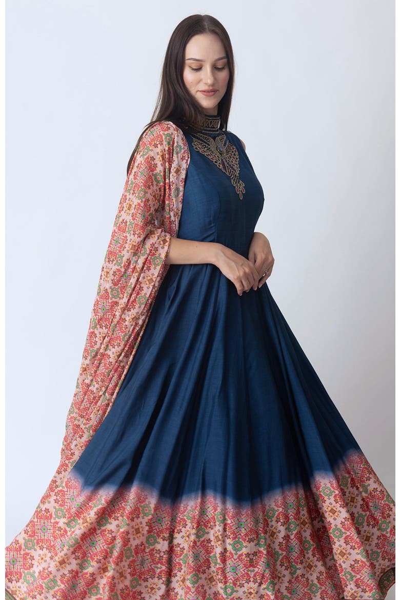 Myka Embroidered High Neck Gown, Alternate, color, Blue