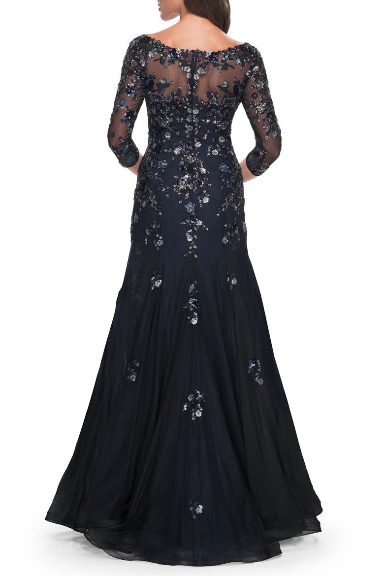 Mermaid Lace Applique Gown with V Neckline and Sleeves, Alternate, color, Black/Navy