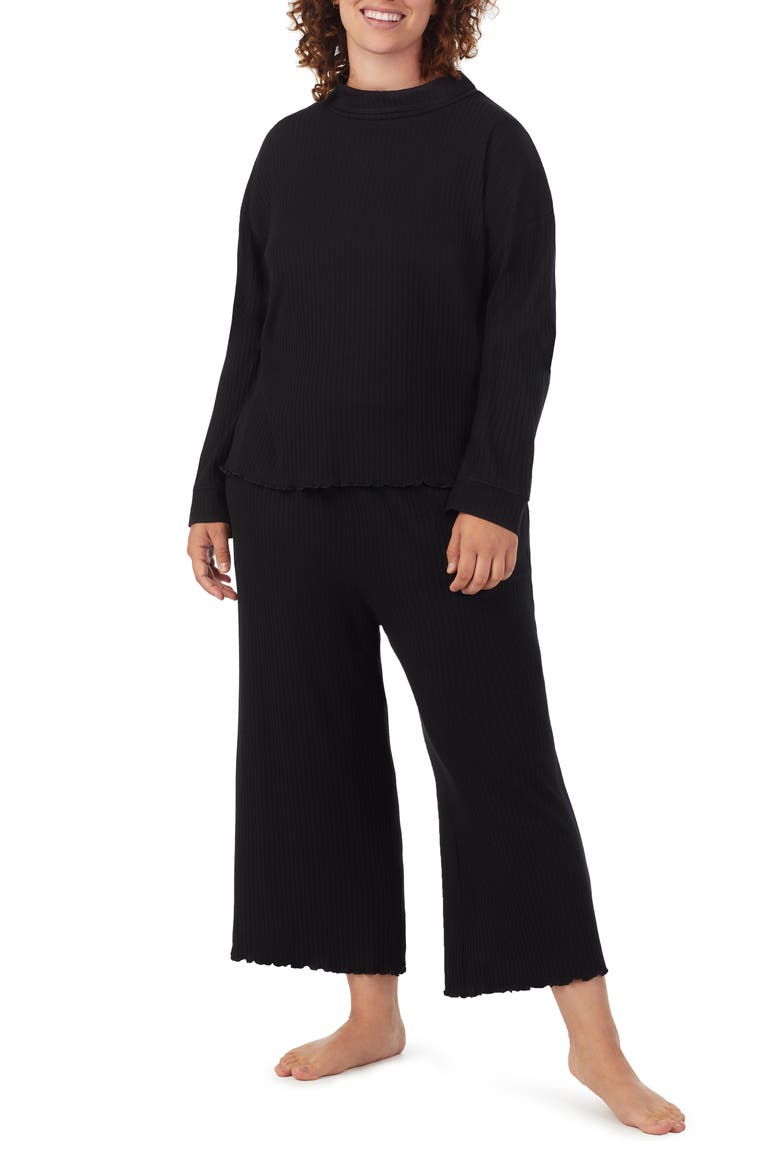 Rib Mock Neck Crop Pajamas, Alternate, color, BLACK
