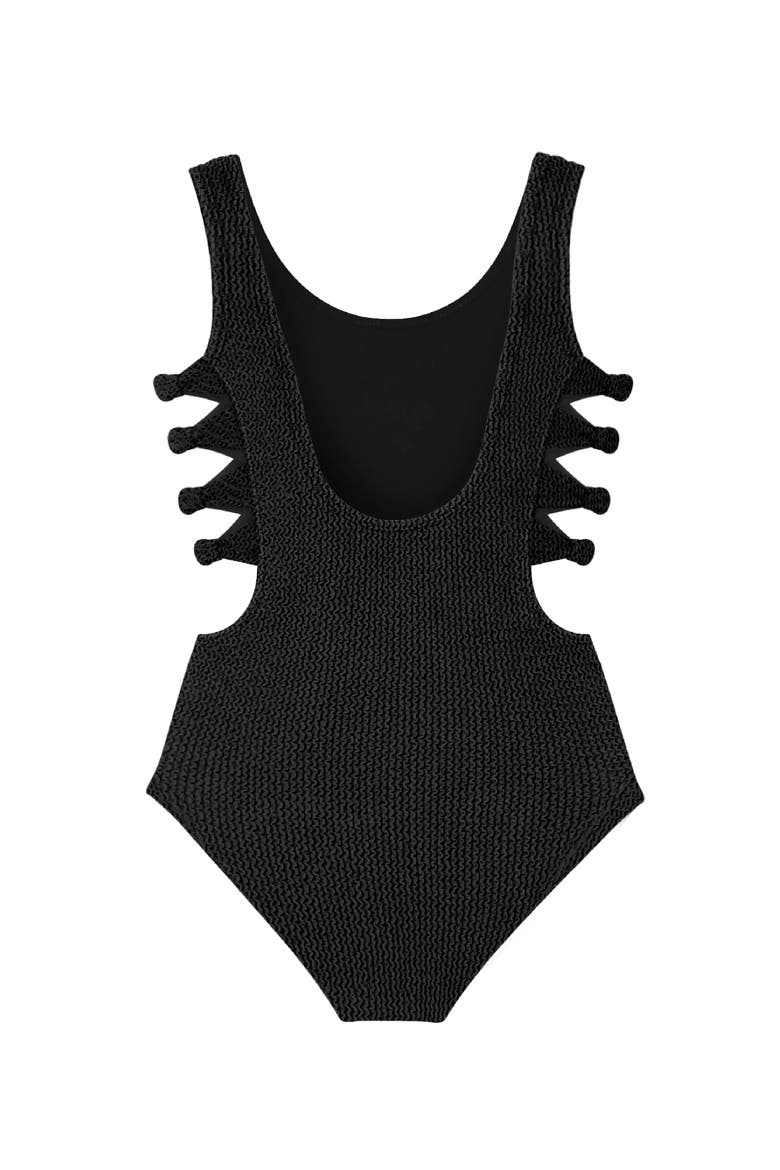 Crinkle Bow Side Cutout One Piece - Juniors, Alternate, color, Black