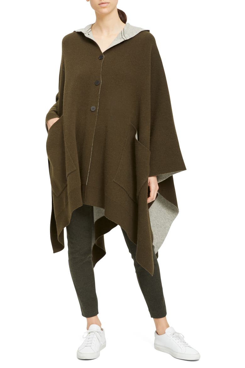 Hooded Wool & Cashmere Poncho, Main, color, MILITARY/ OATMEAL