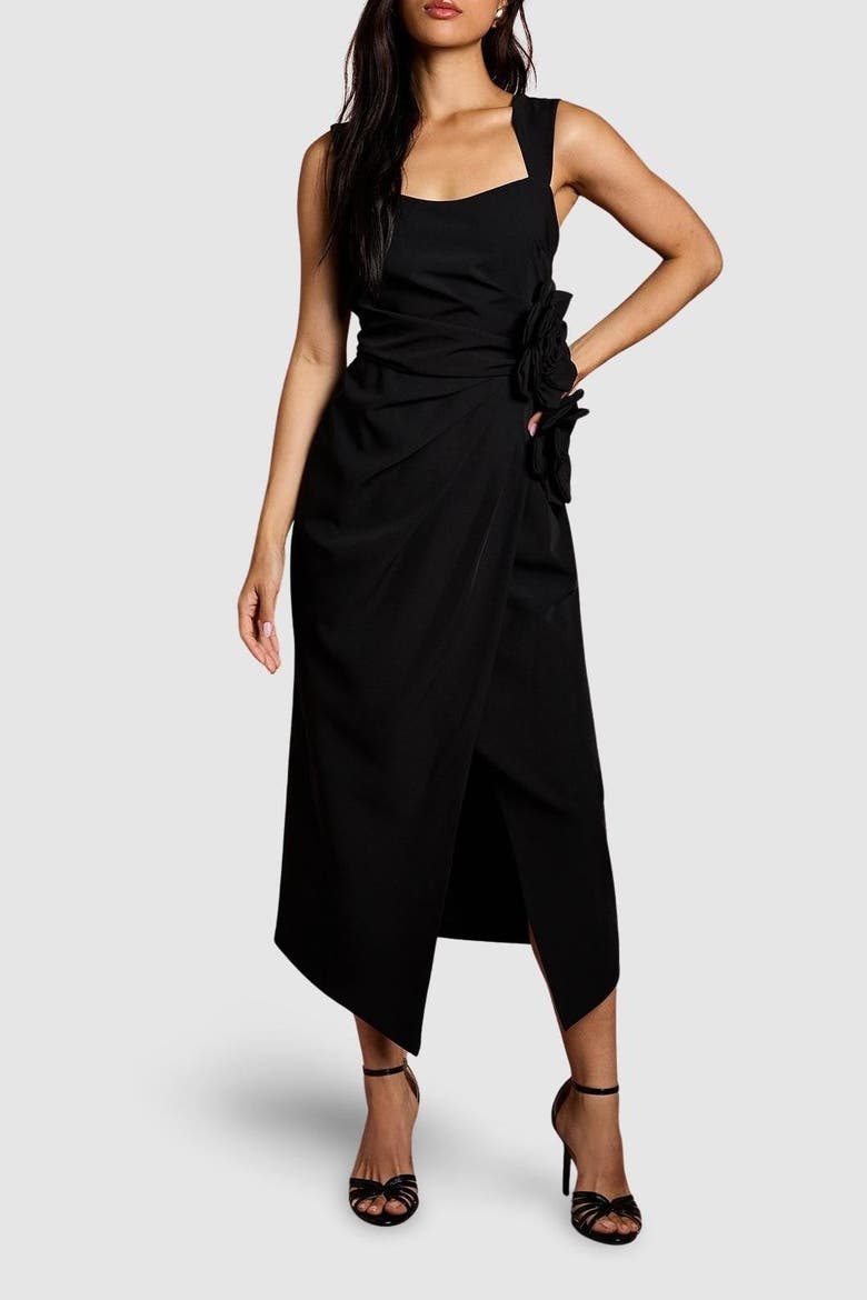 Corsage Pleated Pencil Midi Dress, Alternate, color, Black