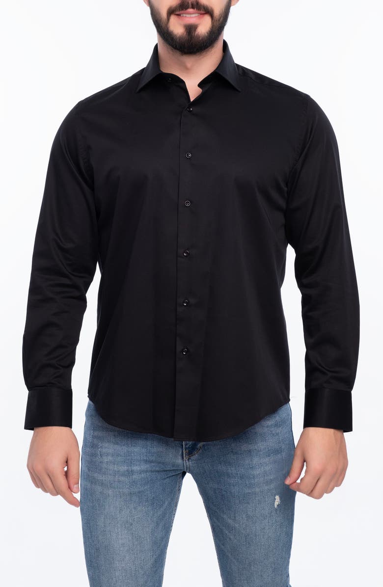 VELLAPAIS Solid Cotton Slim Fit Button Down Shirt, Main, color, Black