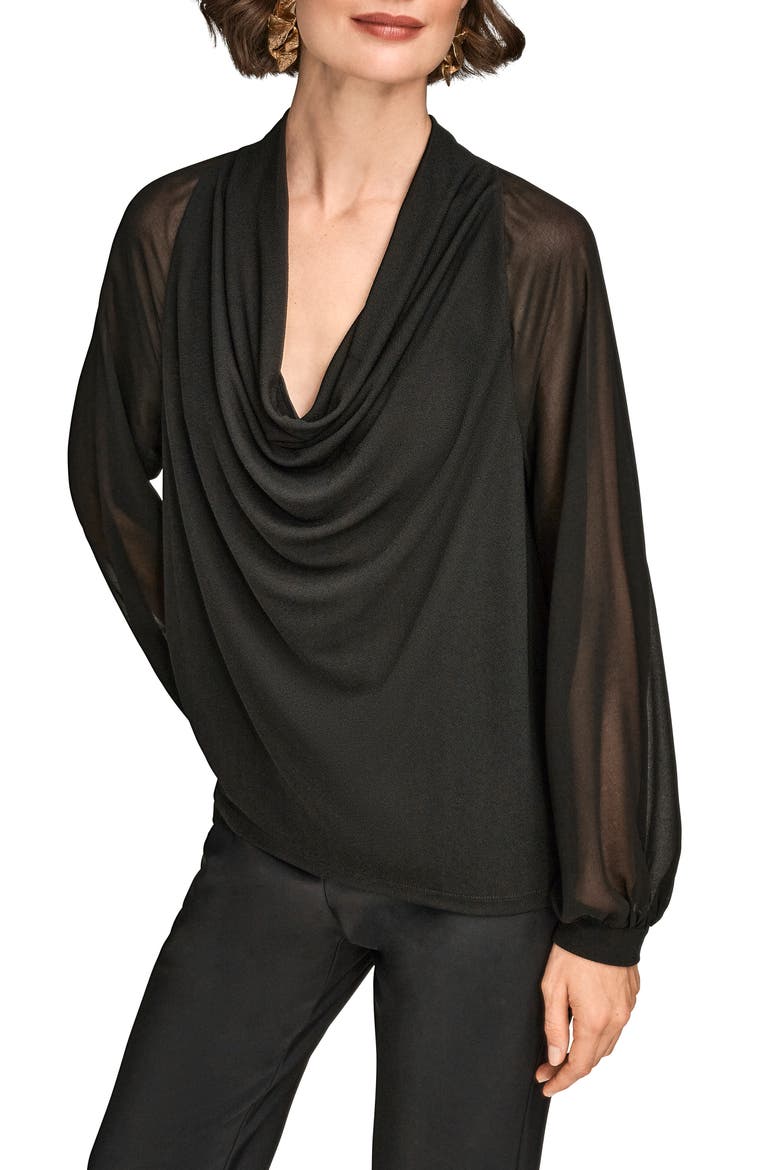 Sheer Sleeve Cowl Neck Top, Alternate, color, BLACK