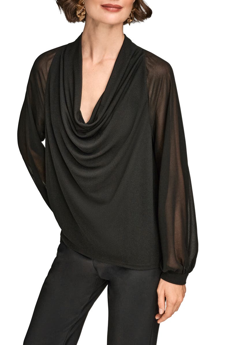 Donna Karan New York Sheer Sleeve Cowl Neck Top, Alternate, color, Black