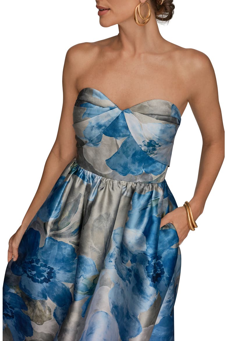 Floral Print Strapless Satin Gown, Alternate, color, WASHED INDIGO MULTI