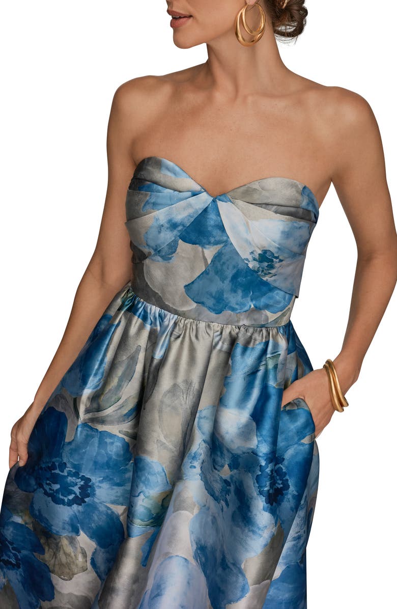 Donna Karan New York Floral Print Strapless Satin Gown, Alternate, color, Washed Indigo Multi