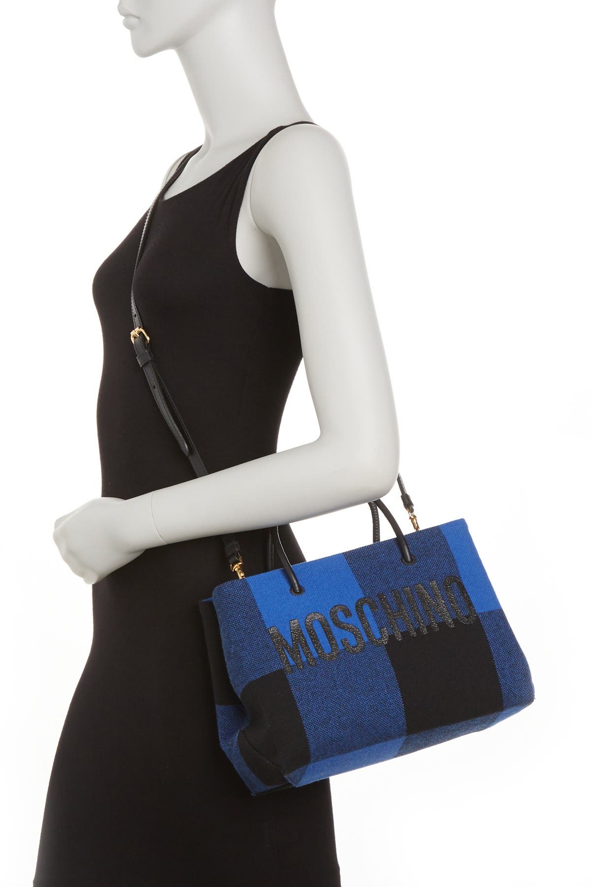 Moschino Plaid Print Logo Tote Bag, Alternate, color, 