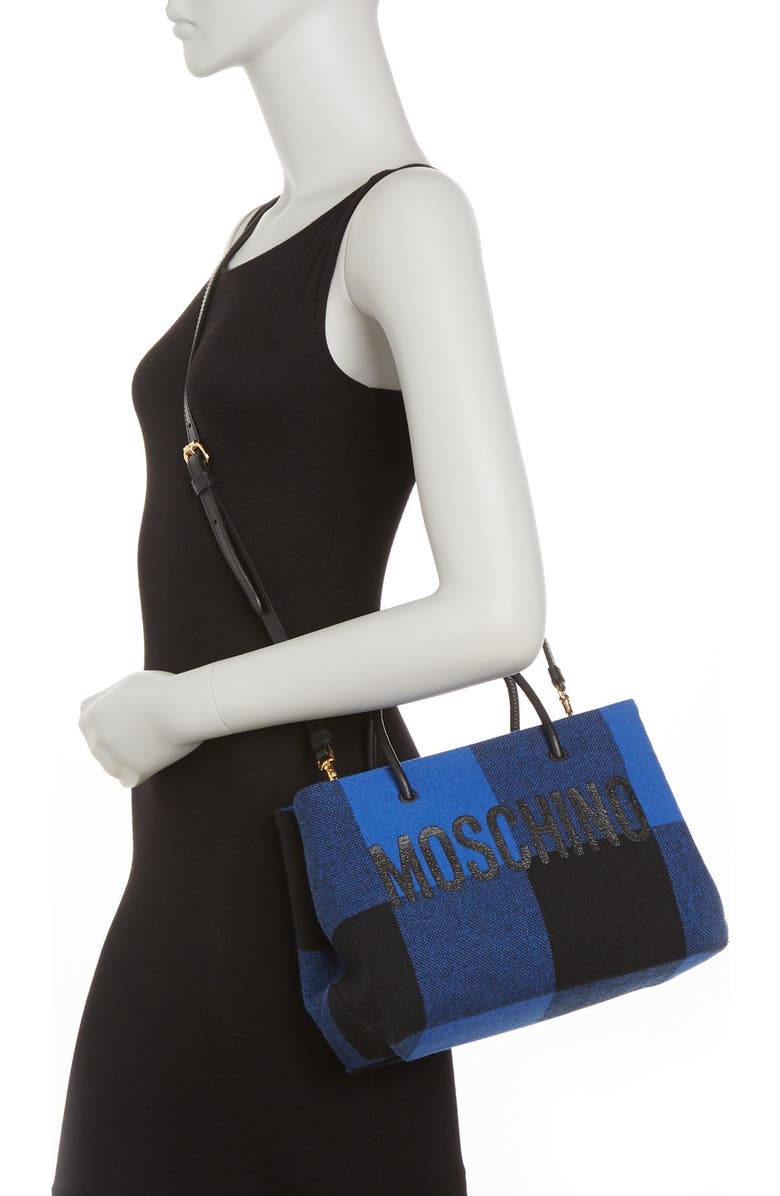 Moschino Plaid Print Logo Tote Bag, Alternate, color,