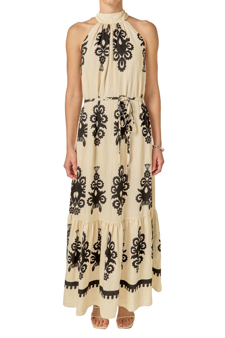 Allover Print Halter Dress, Alternate, color, CREAM/ BLACK